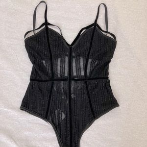 Black Sheer Bodysuit with Velvet Striped Detail
